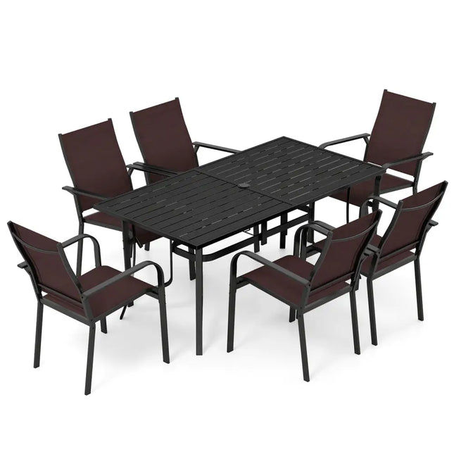 7-Piece Patio Dining Set for 6 with Rectangle Metal Table and Stackable Breathable Mesh Armchairs-Brown - Brown - Patio