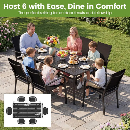7-Piece Patio Dining Set for 6 with Rectangle Metal Table and Stackable Breathable Mesh Armchairs-Brown - Brown - Patio