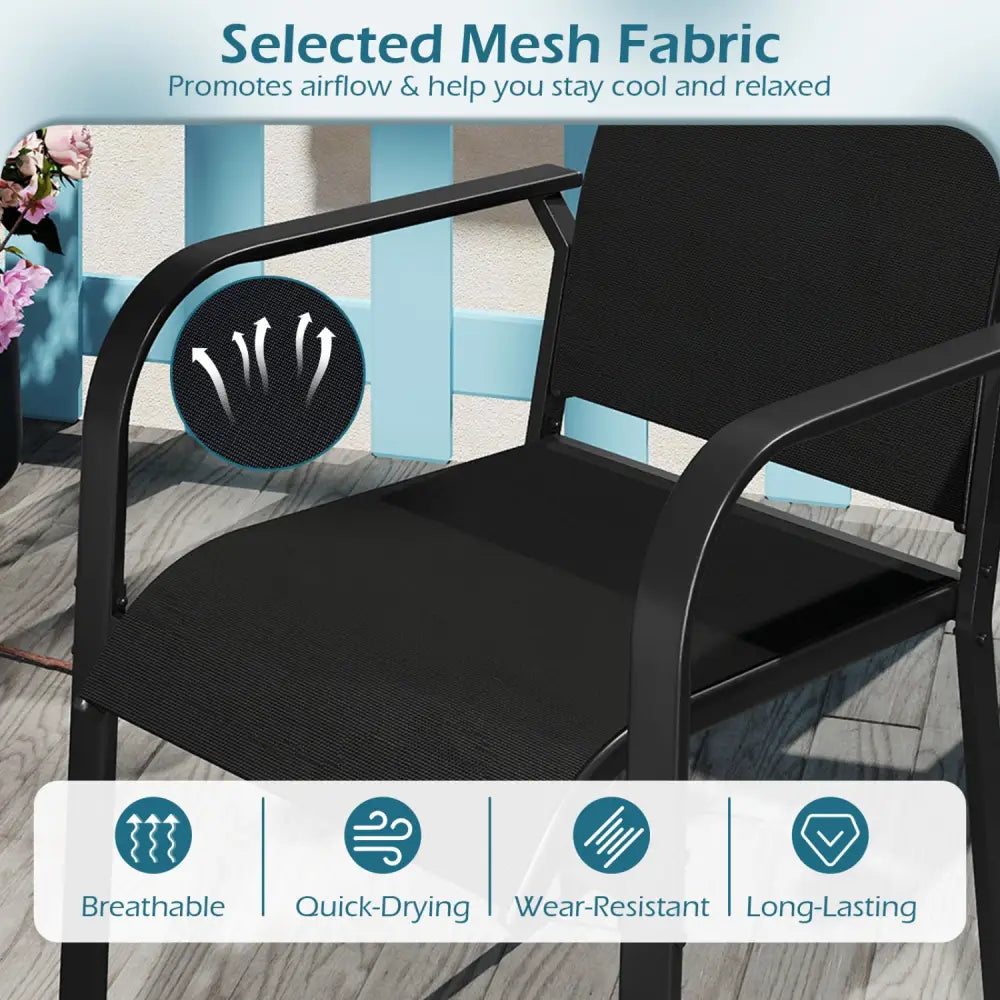 7-Piece Patio Dining Set for 6 with Rectangle Metal Table and Stackable Breathable Mesh Armchairs-Black - Black - Patio