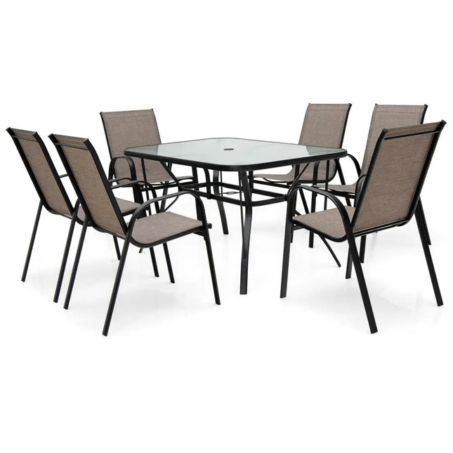 7-Piece Patio Dining Set with 6 Stackable Chairs - Brown - Patio Dining Sets