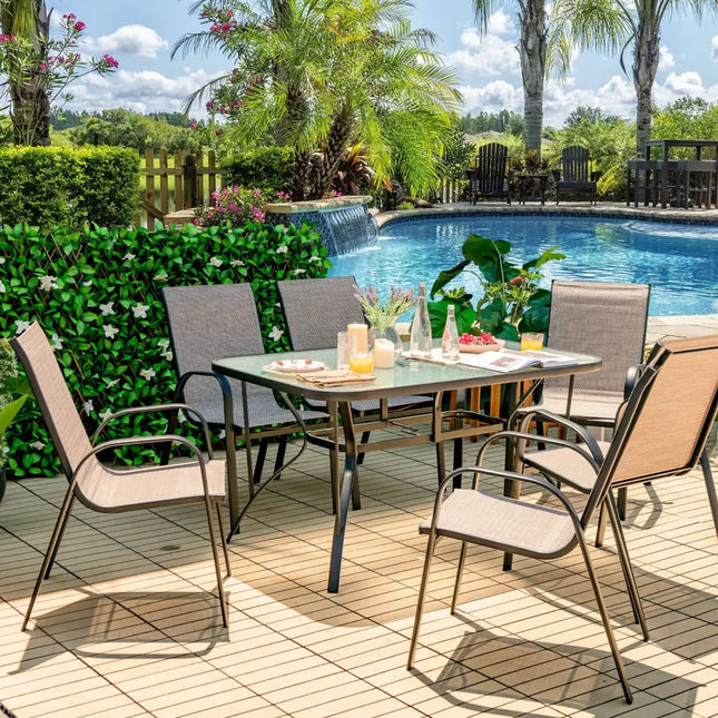 7-Piece Patio Dining Set with 6 Stackable Chairs - Brown - Patio Dining Sets