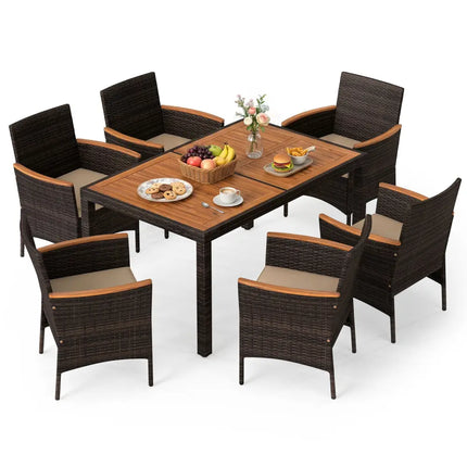7-Piece Patio Dining Set with Wood Tabletop and Padded Cushion for Backyard-Brown - Brown - Patio Dining Sets