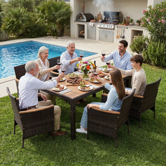 7-Piece Patio Dining Set with Wood Tabletop and Padded Cushion for Backyard-Brown - Brown - Patio Dining Sets
