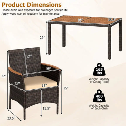 7-Piece Patio Dining Set with Wood Tabletop and Padded Cushion for Backyard-Brown - Brown - Patio Dining Sets