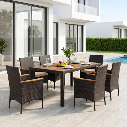 7-Piece Patio Dining Set with Wood Tabletop and Padded Cushion for Backyard-Brown - Brown - Patio Dining Sets