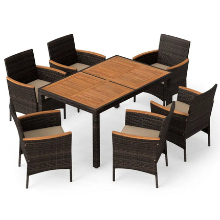 7-Piece Patio Dining Set with Wood Tabletop and Padded Cushion for Backyard-Brown - Brown - Patio Dining Sets