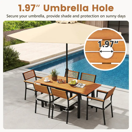 7-Piece Patio Dining Set Wood Metal with Seat Cushions and Umbrella Hole-White - White - Patio Dining Sets