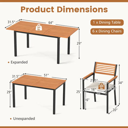 7-Piece Patio Dining Set Wood Metal with Seat Cushions and Umbrella Hole-White - White - Patio Dining Sets