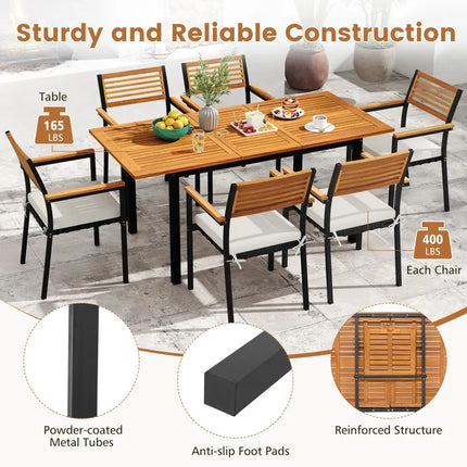 7-Piece Patio Dining Set Wood Metal with Seat Cushions and Umbrella Hole-White - White - Patio Dining Sets