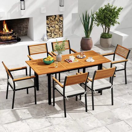 7-Piece Patio Dining Set Wood Metal with Seat Cushions and Umbrella Hole-White - White - Patio Dining Sets
