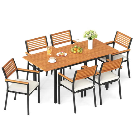 7-Piece Patio Dining Set Wood Metal with Seat Cushions and Umbrella Hole-White - White - Patio Dining Sets