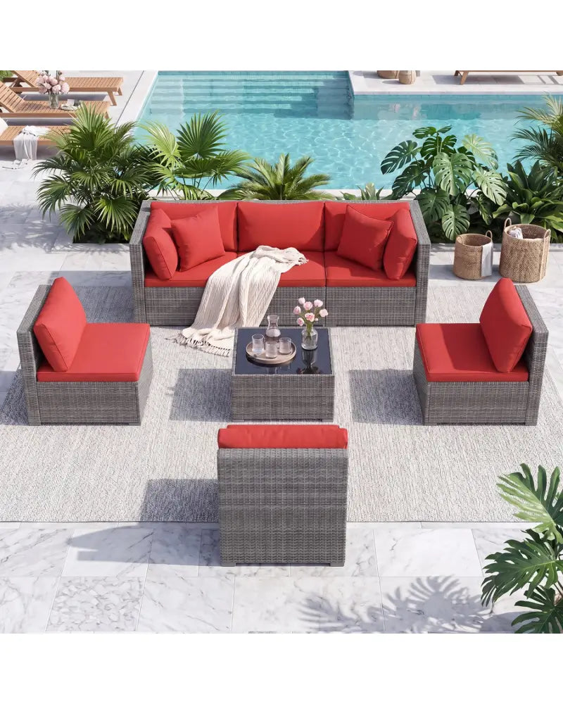 7-Piece PE Rattan Patio Set with Glass Table & Soft Cushions for Outdoor-Red - Red - Patio Conversation Sets
