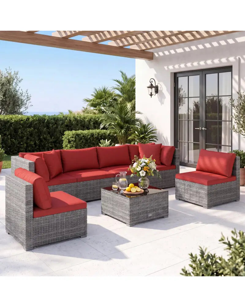 7-Piece PE Rattan Patio Set with Glass Table & Soft Cushions for Outdoor-Red - Red - Patio Conversation Sets