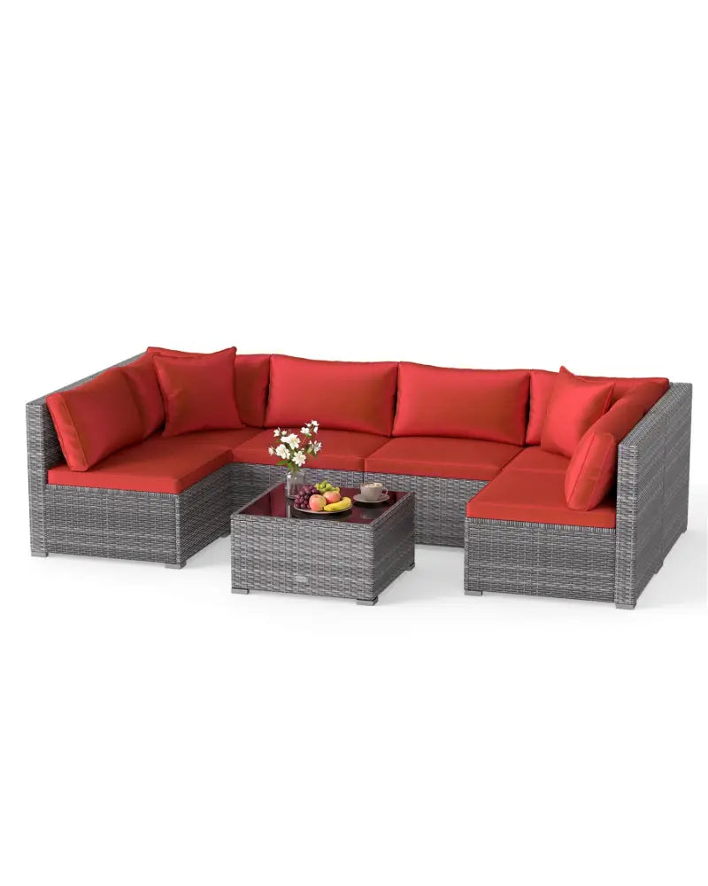 7-Piece PE Rattan Patio Set with Glass Table & Soft Cushions for Outdoor-Red - Red - Patio Conversation Sets