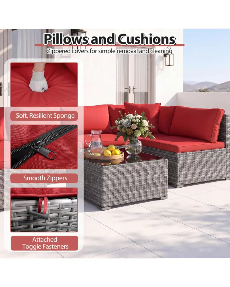 7-Piece PE Rattan Patio Set with Glass Table & Soft Cushions for Outdoor-Red - Red - Patio Conversation Sets