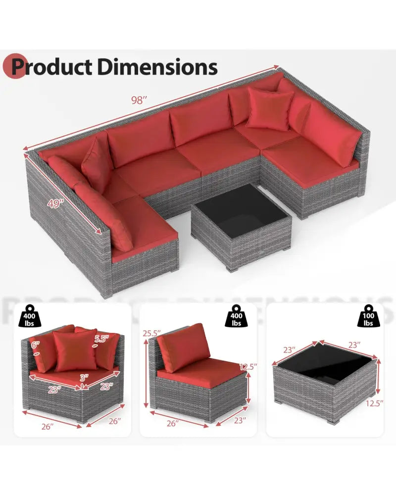 7-Piece PE Rattan Patio Set with Glass Table & Soft Cushions for Outdoor-Red - Red - Patio Conversation Sets