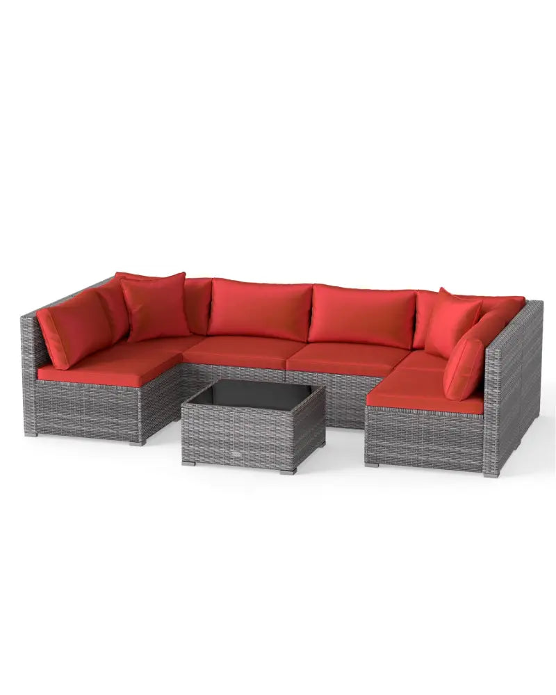7-Piece PE Rattan Patio Set with Glass Table & Soft Cushions for Outdoor-Red - Red - Patio Conversation Sets