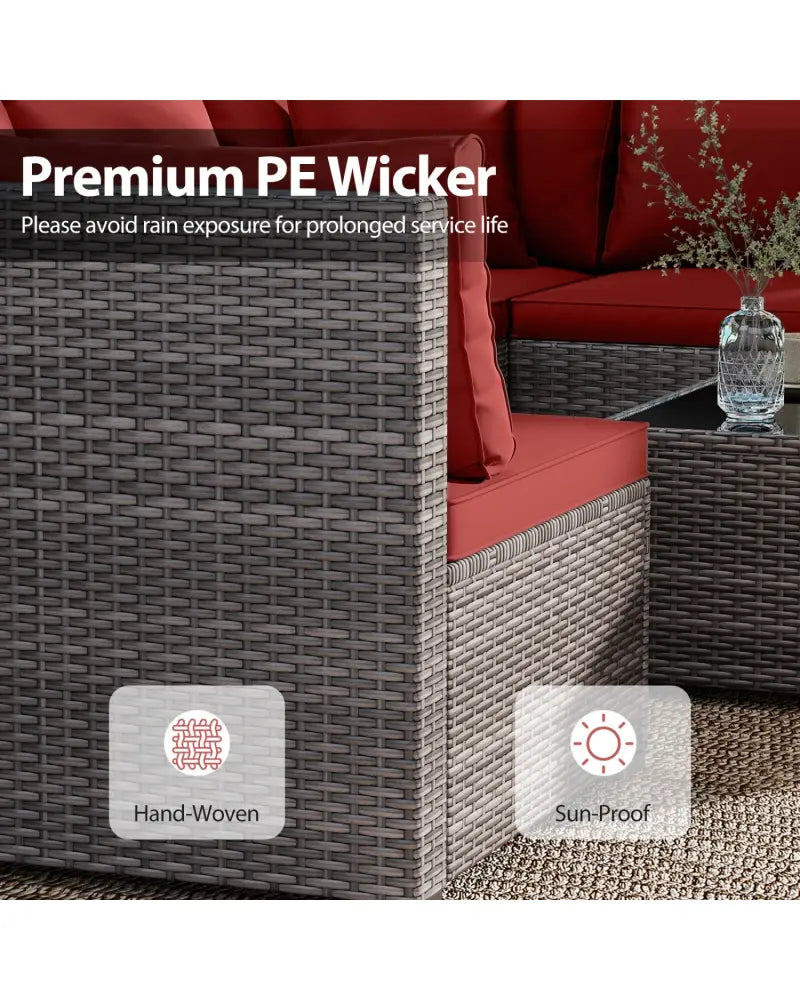 7-Piece PE Rattan Patio Set with Glass Table & Soft Cushions for Outdoor-Red - Red - Patio Conversation Sets