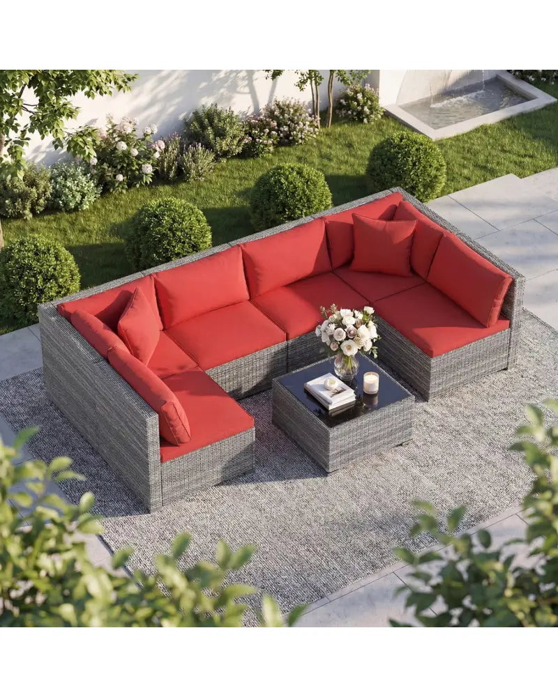 7-Piece PE Rattan Patio Set with Glass Table & Soft Cushions for Outdoor-Red - Red - Patio Conversation Sets