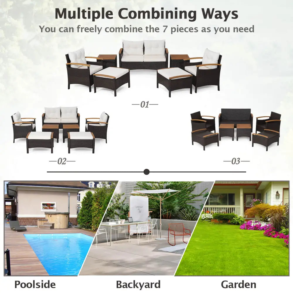 7 Piece Rattan Patio Sofa Set with Acacia Wood Tabletop and Armrests - Off White - Patio Conversation Sets