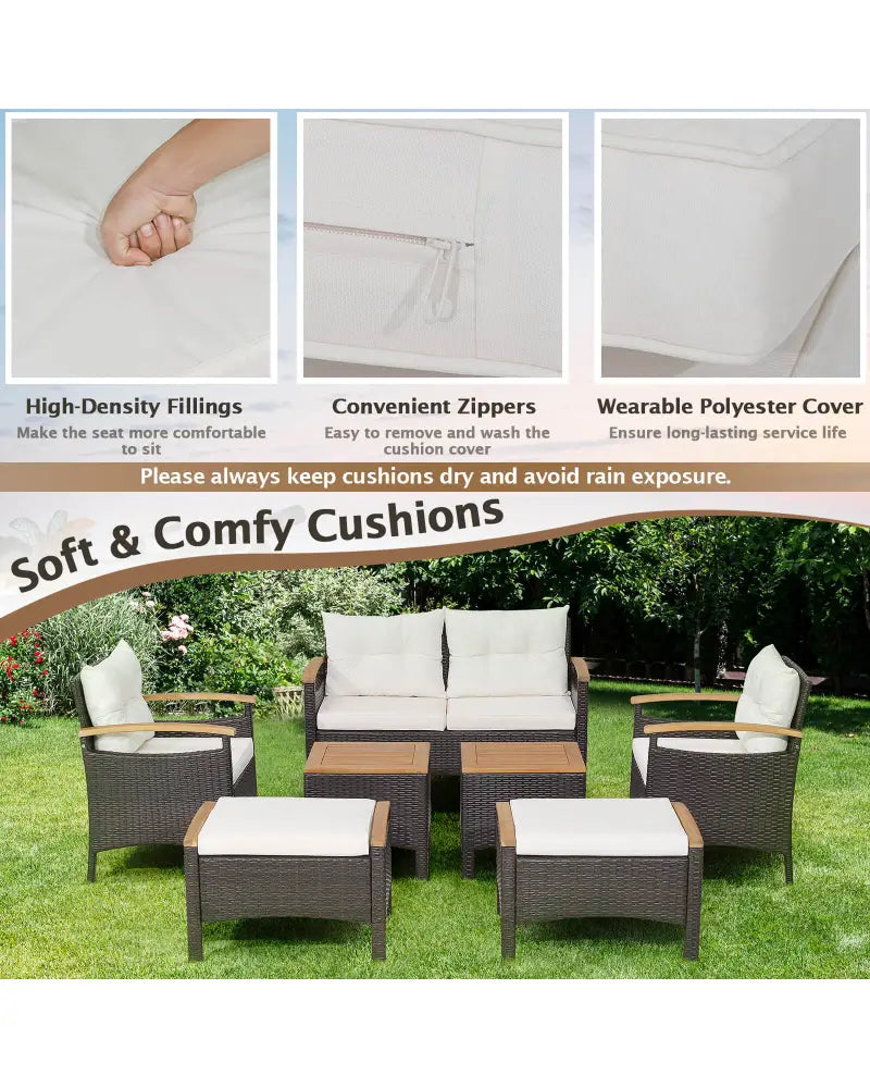 7 Piece Rattan Patio Sofa Set with Acacia Wood Tabletop and Armrests - Off White - Patio Conversation Sets