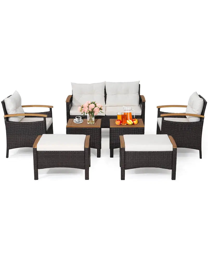 7 Piece Rattan Patio Sofa Set with Acacia Wood Tabletop and Armrests - Off White - Patio Conversation Sets