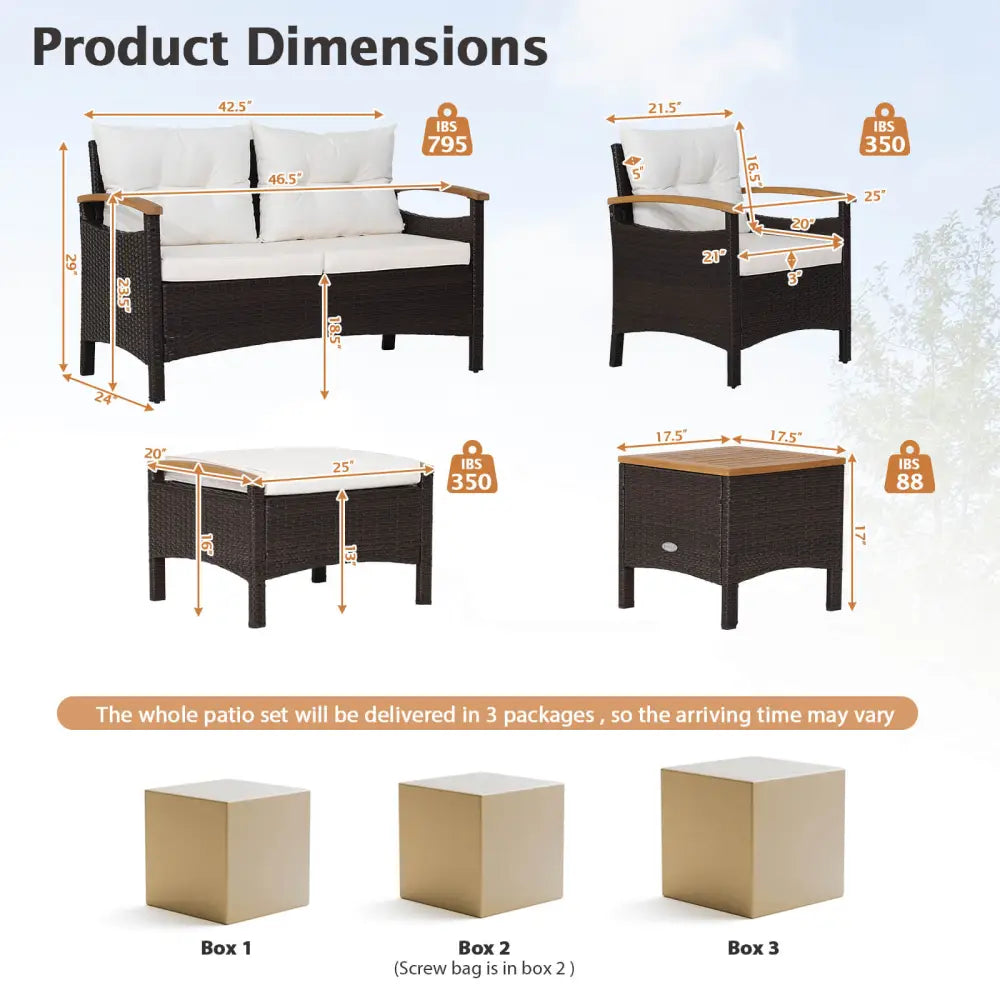 7 Piece Rattan Patio Sofa Set with Acacia Wood Tabletop and Armrests - Off White - Patio Conversation Sets