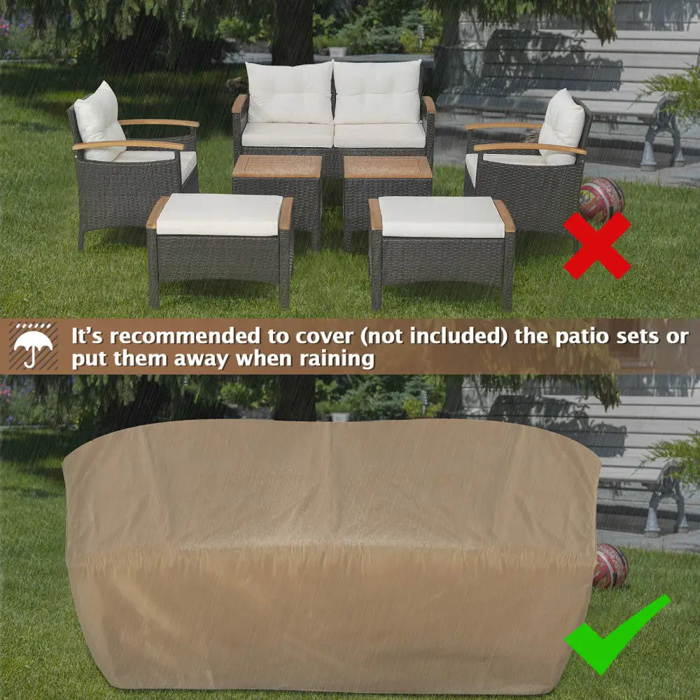 7 Piece Rattan Patio Sofa Set with Acacia Wood Tabletop and Armrests - Off White - Patio Conversation Sets