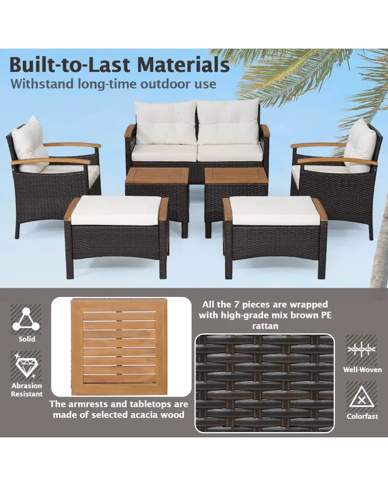 7 Piece Rattan Patio Sofa Set with Acacia Wood Tabletop and Armrests - Off White - Patio Conversation Sets