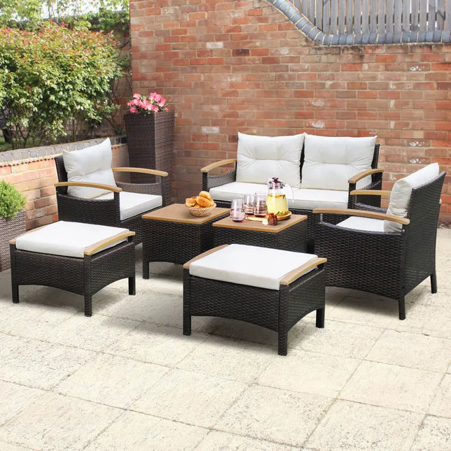 7 Piece Rattan Patio Sofa Set with Acacia Wood Tabletop and Armrests - Off White - Patio Conversation Sets
