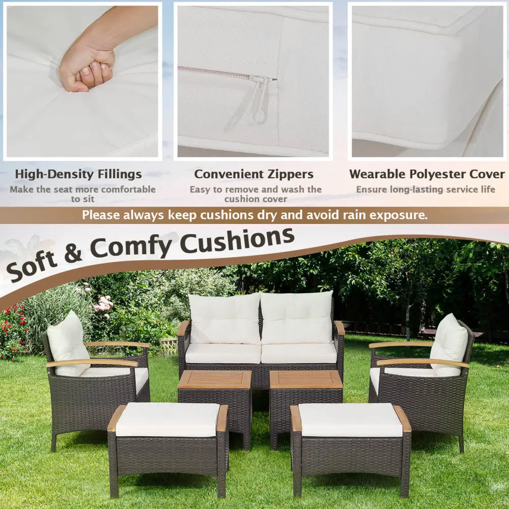 7 Piece Rattan Patio Sofa Set with Acacia Wood Tabletop and Armrests - Off White - Patio Conversation Sets