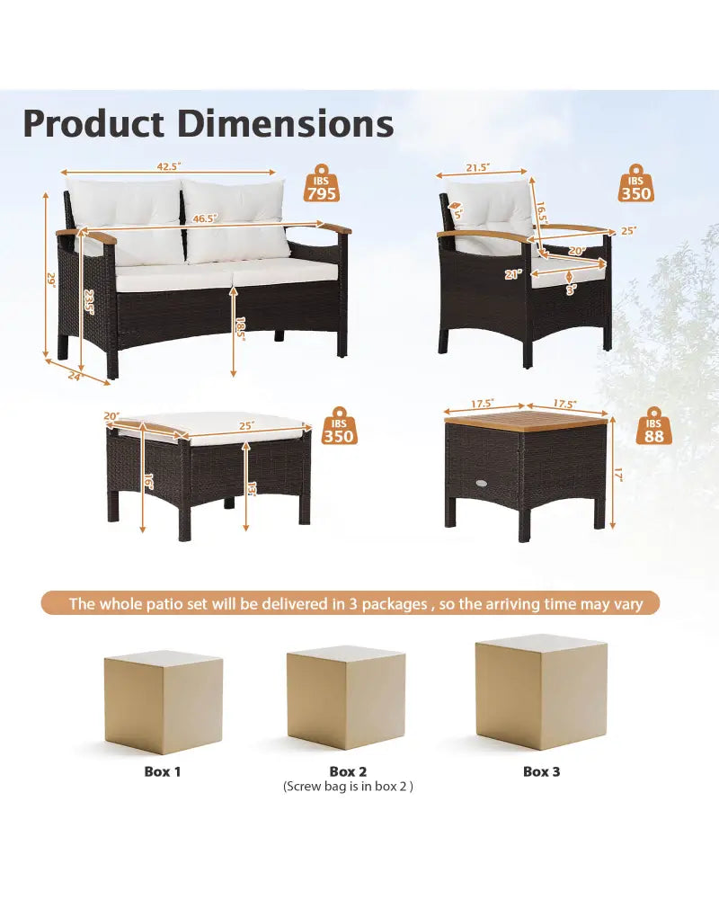 7 Piece Rattan Patio Sofa Set with Acacia Wood Tabletop and Armrests - Off White - Patio Conversation Sets