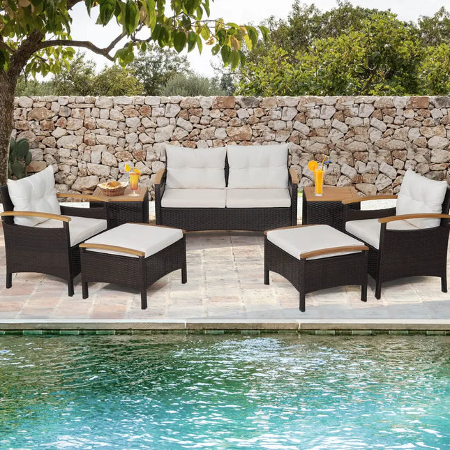 7 Piece Rattan Patio Sofa Set with Acacia Wood Tabletop and Armrests - Off White - Patio Conversation Sets