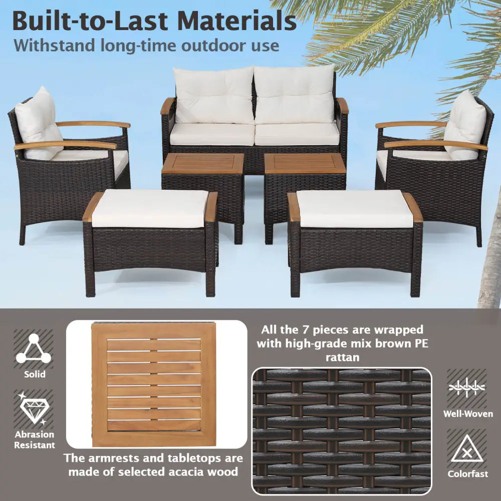 7 Piece Rattan Patio Sofa Set with Acacia Wood Tabletop and Armrests - Off White - Patio Conversation Sets