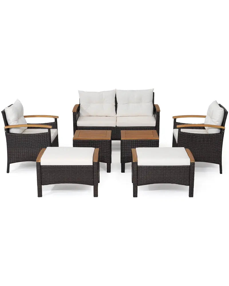 7 Piece Rattan Patio Sofa Set with Acacia Wood Tabletop and Armrests - Off White - Patio Conversation Sets