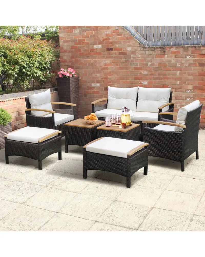 7 Piece Rattan Patio Sofa Set with Acacia Wood Tabletop and Armrests - Off White - Patio Conversation Sets