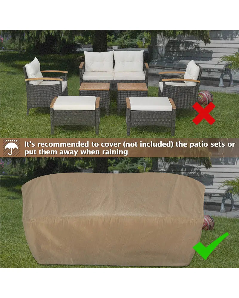 7 Piece Rattan Patio Sofa Set with Acacia Wood Tabletop and Armrests - Off White - Patio Conversation Sets