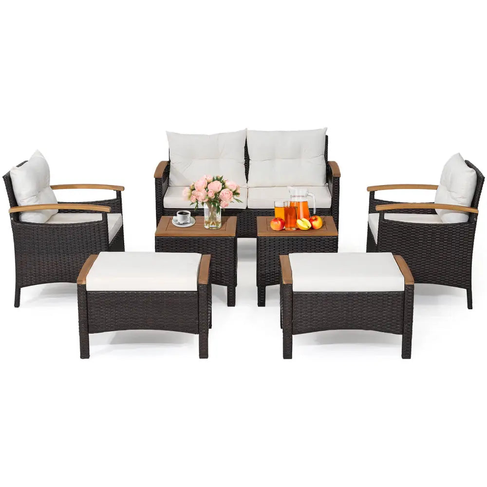 7 Piece Rattan Patio Sofa Set with Acacia Wood Tabletop and Armrests - Off White - Patio Conversation Sets
