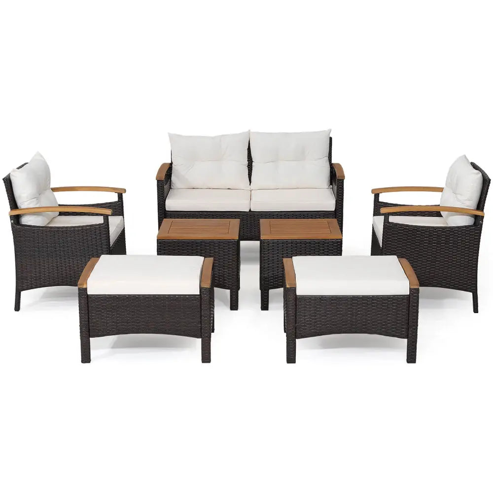 7 Piece Rattan Patio Sofa Set with Acacia Wood Tabletop and Armrests - Off White - Patio Conversation Sets