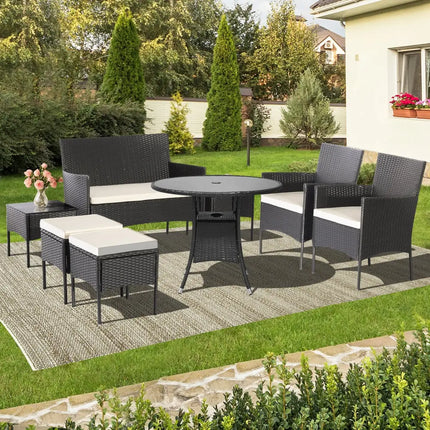 7 Piece Rustproof Wicker Outdoor Sofa Set with Coffee Tables and Ottomans - Black - Patio Conversation Sets