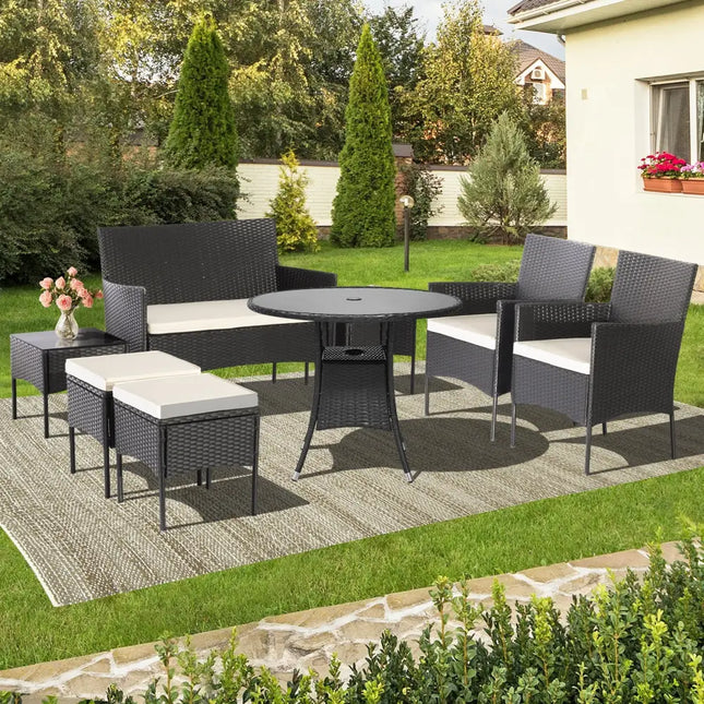 7 Piece Rustproof Wicker Outdoor Sofa Set with Coffee Tables and Ottomans - Black - Patio Conversation Sets