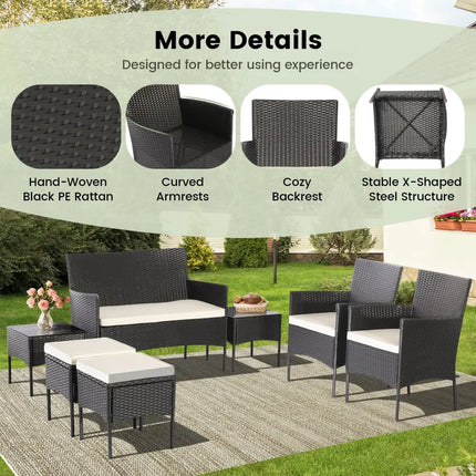 7 Piece Rustproof Wicker Outdoor Sofa Set with Coffee Tables and Ottomans - Black - Patio Conversation Sets