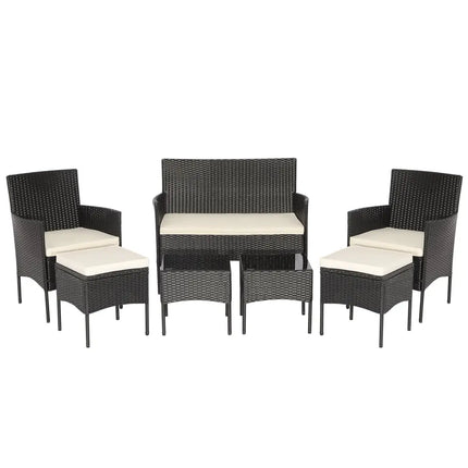 7 Piece Rustproof Wicker Outdoor Sofa Set with Coffee Tables and Ottomans - Black - Patio Conversation Sets