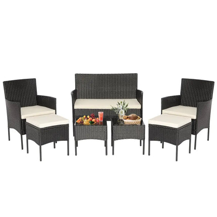 7 Piece Rustproof Wicker Outdoor Sofa Set with Coffee Tables and Ottomans - Black - Patio Conversation Sets