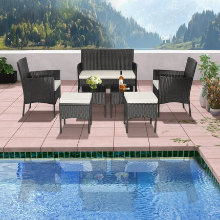 7 Piece Rustproof Wicker Outdoor Sofa Set with Coffee Tables and Ottomans - Black - Patio Conversation Sets