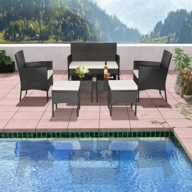 7 Piece Rustproof Wicker Outdoor Sofa Set with Coffee Tables and Ottomans - Black - Patio Conversation Sets