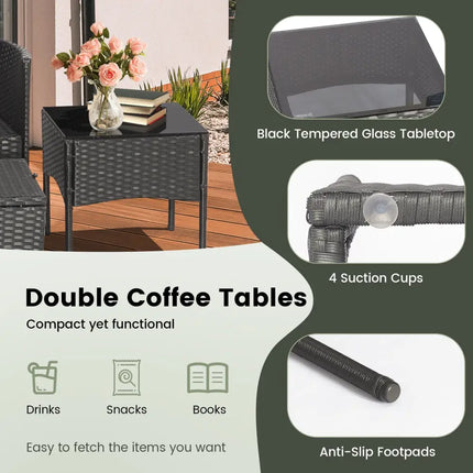 7 Piece Rustproof Wicker Outdoor Sofa Set with Coffee Tables and Ottomans - Black - Patio Conversation Sets