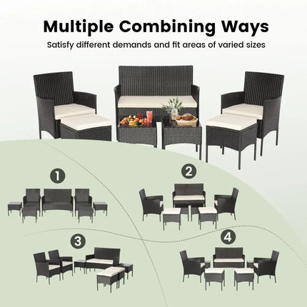 7 Piece Rustproof Wicker Outdoor Sofa Set with Coffee Tables and Ottomans - Black - Patio Conversation Sets