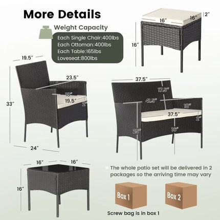 7 Piece Rustproof Wicker Outdoor Sofa Set with Coffee Tables and Ottomans - Black - Patio Conversation Sets