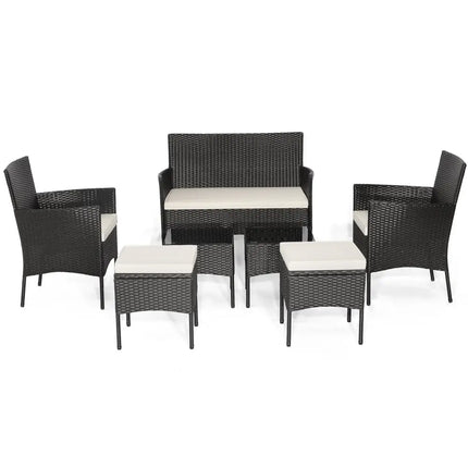 7 Piece Rustproof Wicker Outdoor Sofa Set with Coffee Tables and Ottomans - Black - Patio Conversation Sets